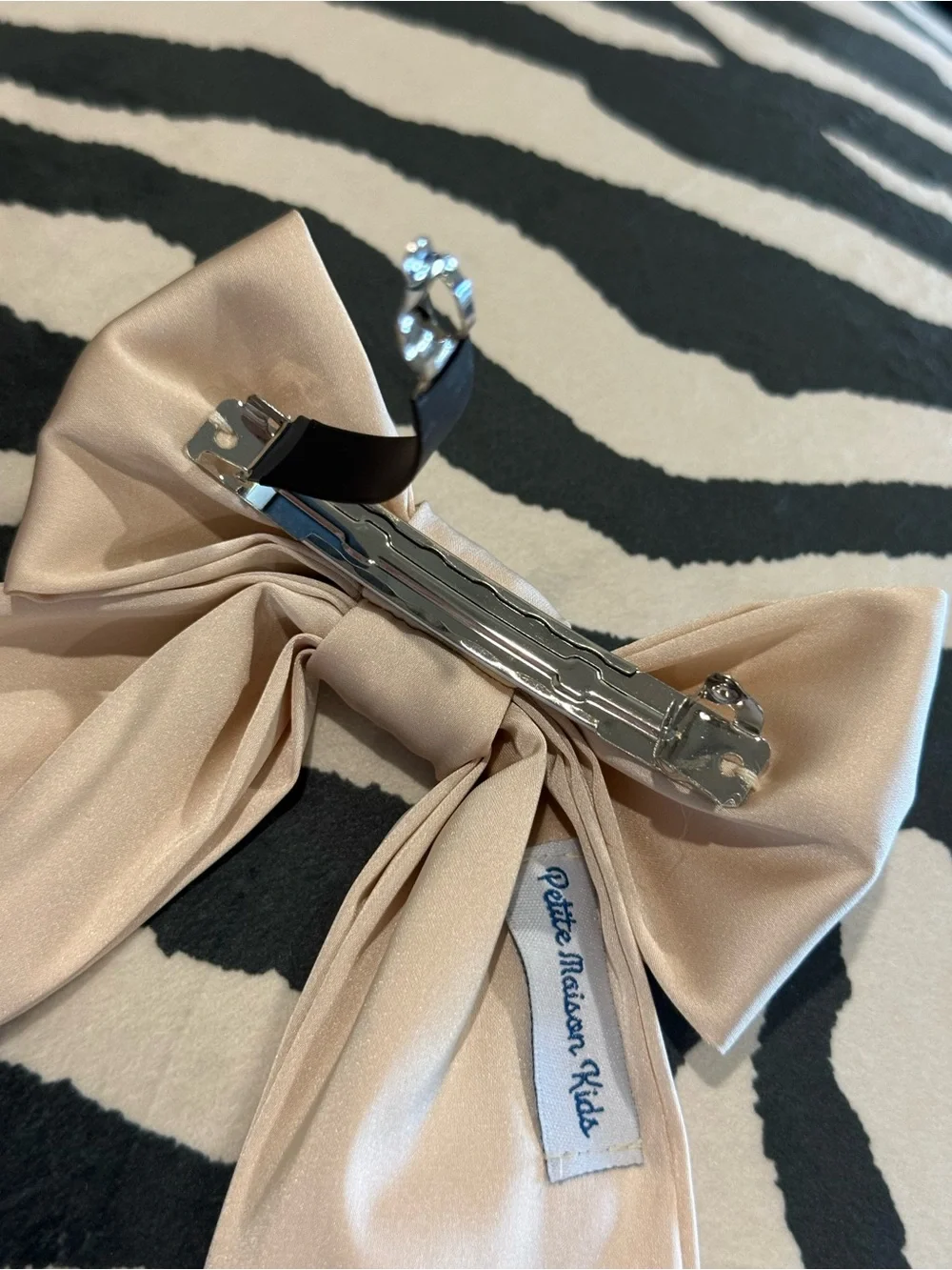 Beige Satin Bow Hair Clip with Pearl Butterfly Accent - Petit Maison Kids NEW!